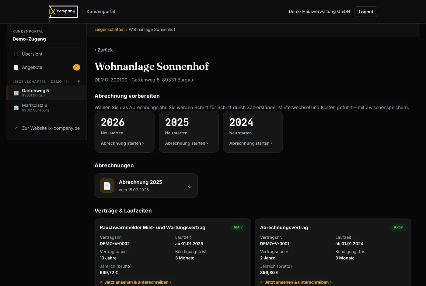 Kundenportal: Liegenschaft mit Abrechnungs-Workflow, Abrechnungen und Verträgen (Demo-Daten)