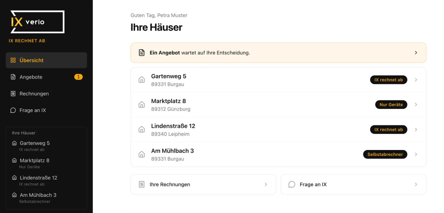 Kundenportal IX Verio: Übersicht mit allen Häusern und ihrer Abrechnungsart (Demo-Daten)